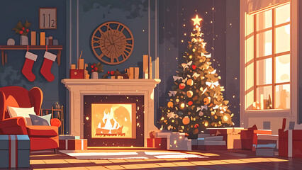 Elegant Christmas Room with Fireplace and Sunlit Tree