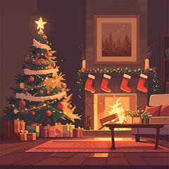 Cozy Christmas Living Room with Tree and Fireplace
