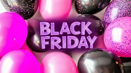 Vibrant Black Friday celebration purple black pink balloons bold text promotional banner marketing campaigns festive sale announcement wallpaper shopping mall advertising sleek pop vibe trendy bold