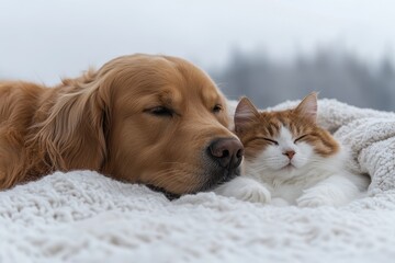 Golden Retriever and cat peacefully sleeping together on a cozy white blanket. Illustrates pet companionship, animal friendship, and peaceful slumber.