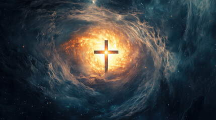 Abstract Visualization of the Cross as the Center of the Universe, with Glowing Galaxies Spiraling Around It, Symbolizing Salvation for All Creation