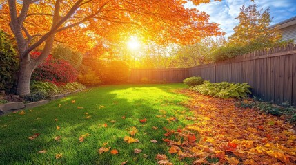 Obraz premium Autumnal backyard scene with vibrant foliage. Perfect for real estate, autumnal themes, or landscaping projects.