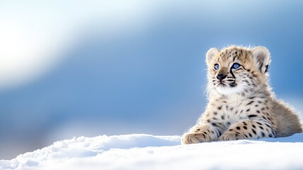 Obraz premium Young cheetah cub with blue eyes lying on snowy ground