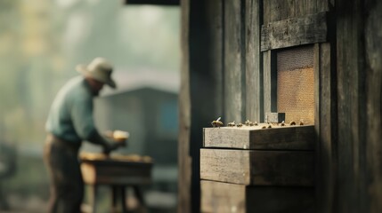 Close-Up of Beehive with Bees - A Dedicated Beekeeper Working in Nature's Serenity, Cultivating Local Honey Amidst Tranquil Garden Environment