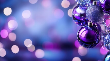 Fototapeta premium Shiny purple and silver Christmas ornaments with bokeh lights