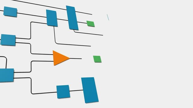 Business flow chart, organigram. Connected lines,and geometric shapes. Strategy, map, plan, chart, decision tree, connection in process. 3D animation