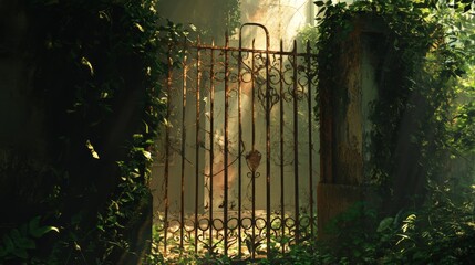 Obraz premium A rusty iron gate entwined with thick vines symbolizes nature’s reclaiming of an abandoned structure.