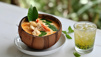 Delicious Tom Yum Goong soup served in a coconut shell with a refreshing drink. Thai cuisine, exotic food, culinary delights.