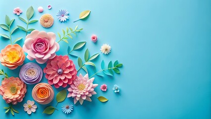 Obraz premium Vibrant Paper Flowers Arranged on a Light Blue Background, Ideal for Spring or Summer Designs