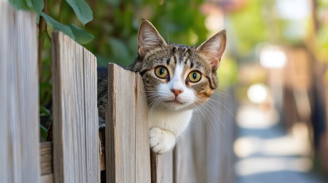 Curious tabby cat peers through wooden fence, surrounded by greenery