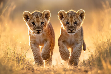 Obraz premium 2匹の子ライオン｜Two lion cubs Generative AI