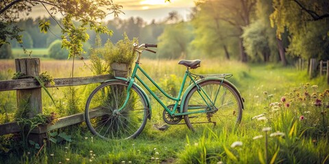 Naklejka premium Serene sunset landscape featuring a vintage bicycle resting against a rustic wooden fence, surrounded by wildflowers and lush greenery.