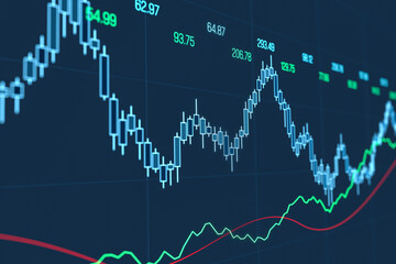 Chart and graph moving up and down, stock market and exchange data. Trading, business, market research, investment, finanical data and information. 3D illustration
