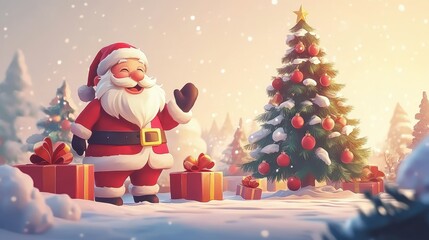 Santa Claus is happily picking gifts next to the beautiful Christmas tree. There are several bags on the side