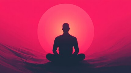 Serene Silhouette of a Meditator Sitting Cross-Legged Against a Vibrant Sunset with Shades of Pink and Orange, Evoking Calmness and Inner Peace