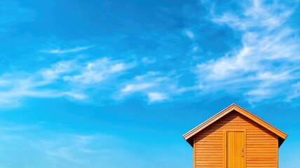 Small wooden house under bright blue sky and clouds