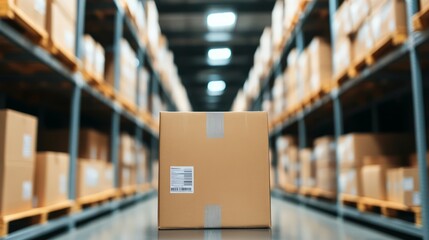 Close-Up of a Cardboard Box in a Large Warehouse with Shelves Filled with Shipping Containers and Soft Lighting Creating an Industrial Ambiance