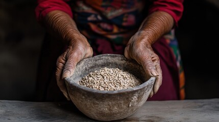 Delicate Hands Holding a Rustic Bowl of Grain, Showcasing the Connection Between Traditional Craftsmanship and Simple Ingredients in a Rural Setting