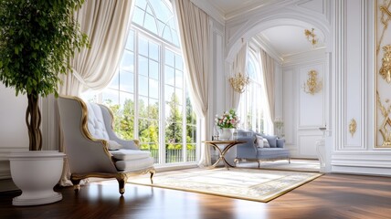 Fototapeta premium Elegant living room with large windows, luxurious furniture, and classical decor
