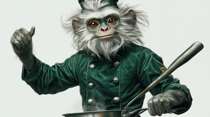 Naklejka premium A vibrant and realistic monkey chef illustration, wearing a forest green chef coat with silver buttons, holding a ladle
