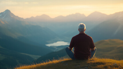 serene elderly man meditating on mountain top at sunset, surrounded by breathtaking landscapes. peaceful atmosphere evokes tranquility and reflection.