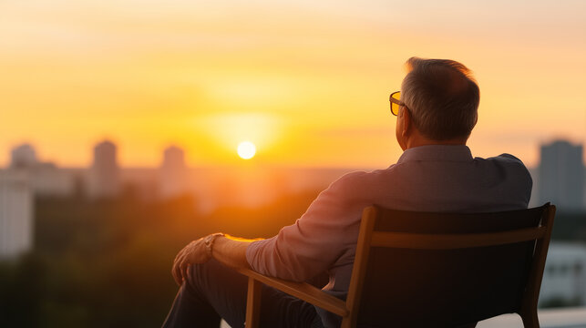 man sitting on chair, watching beautiful sunset over city skyline, reflecting on life. warm colors create serene atmosphere.