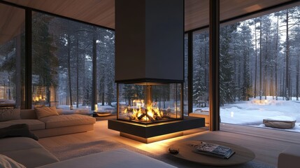 Fototapeta premium Modern fireplace in a snowy forest lodge. Perfect for winter, cozy, and luxury home concepts.