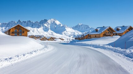 Snowy road, road to the ski resort, precipitation level, snow in Europe, snow in France, ski season, snowy peaks