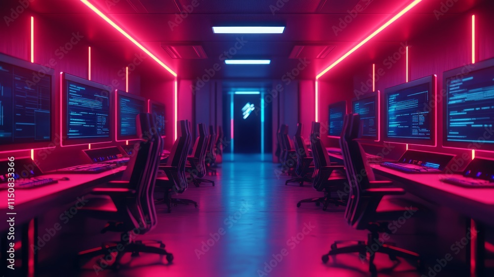 Poster futuristic cybersecurity room with neon lights and high-tech computers for data analysis and digital