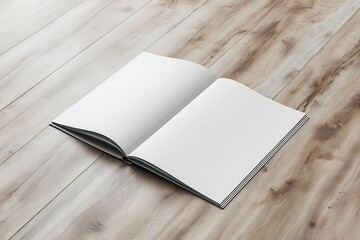 Fototapeta premium Open book with blank pages on wood. Perfect for showcasing designs, text, or as a mockup.