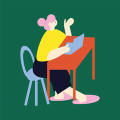 The female character is sitting while working in front of the computer. Flat vector illustration
