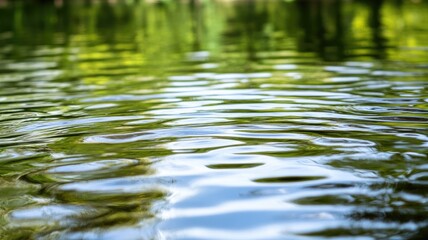 Obraz premium Calm water surface reflecting green foliage, creating ripples