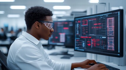 Focused Male Professional Analyzing Complex Data Visualizations on Computer Screens in Modern Office Environment with High-Technology Setup and Innovative Workspace