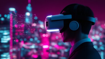 Futuristic Businessman Wearing Virtual Reality Headset in a Neon-Lit Cityscape, Exploring Advanced Technology Innovations and Immersive Experiences
