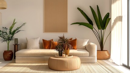 Modern Scandinavian Living Room with Beige Velvet Sofa and Terra Cotta Cushions, Wooden Coffee Table, Houseplants, and Knitted Rug