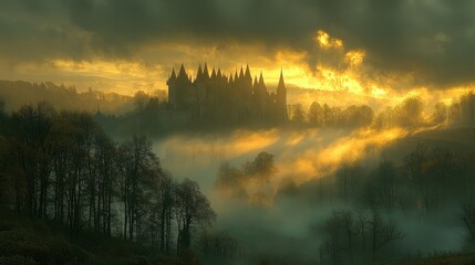 A mystical castle shrouded in mist during a dramatic sunset.