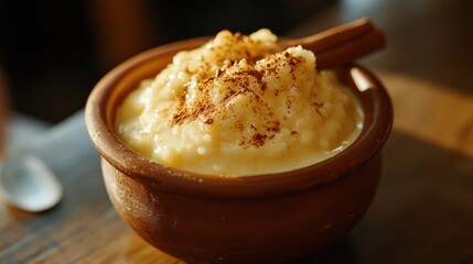 A creamy serving of sütlaç (rice pudding) garnished with cinnamon in a clay bowl
