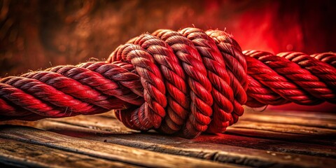 A tightly woven crimson rope knot resting on a textured wooden surface, the warm lighting casting a dramatic glow