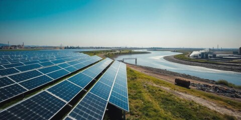 Solar panels harnessing energy near a river and industrial area under a clear blue sky in a sustainable environment