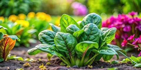 A vibrant image of a leafy spinach plant with iron and calcium, growing in a garden amidst flowers, spinach, iron