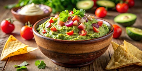 A bowl of creamy guacamole, adorned with chopped tomatoes and red onions, rests on a wooden surface, accompanied by crispy tortilla chips.