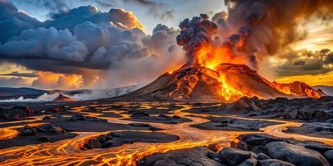 Fototapeta premium Fiery Eruption Illuminates a Path of Molten Rock, Under a Dramatic Sky with Wispy Clouds