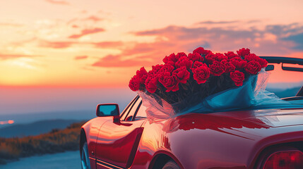 Red convertible sports car with bouquet of roses at sunset. Flower delivery. Gift for a woman. Valentine's Day. Ideal for promotions with space for text or ads.