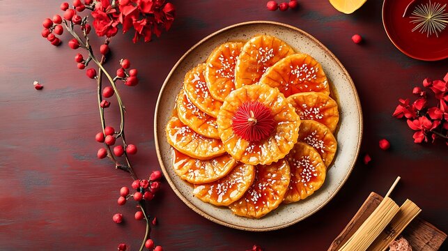 A plate of nian gao surrounded by red decorations 