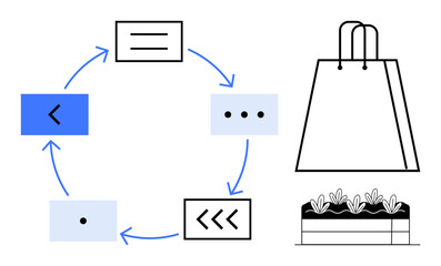 Circular flow of linked text blocks with arrows, shopping bag, and garden bed. Ideal for sustainability, processes, ecommerce, lifecycle, environment workflows and agriculture concepts. Line