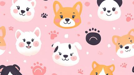 a pink background with a repeating pattern of cute cartoon dog faces and paw prints.