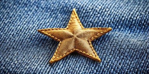A golden star, stitched with precision, rests upon a textured blue surface, creating a visual contrast between the smooth fabric and the rough denim.