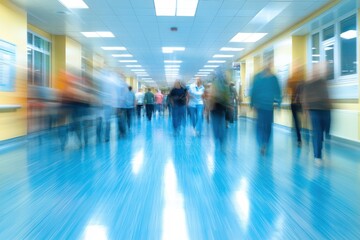 Blurred motion of people in a hospital corridor. Illustrates the busy, fast-paced nature of healthcare.
