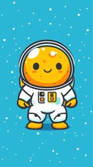 A cheerful orange character in an astronaut suit against a blue starry background.