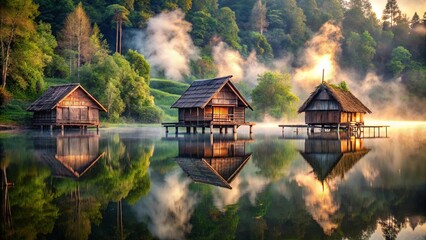 Fototapeta premium Misty Reflections of Wooden Structures on a Tranquil Lake